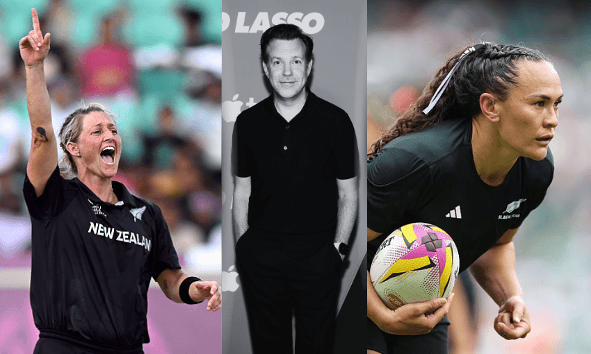 Sophie Devine at the ICC Women's Cricket World Cup, Jason Sudeikis, who plays Ted Lasso, and Portia Woodman-Wickliffe at the Women's Rugby World Cup (Photos: Getty Images)