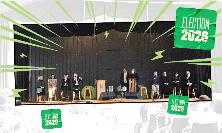 The OUSA political leaders debate (Photo and composite image: The Spinoff)