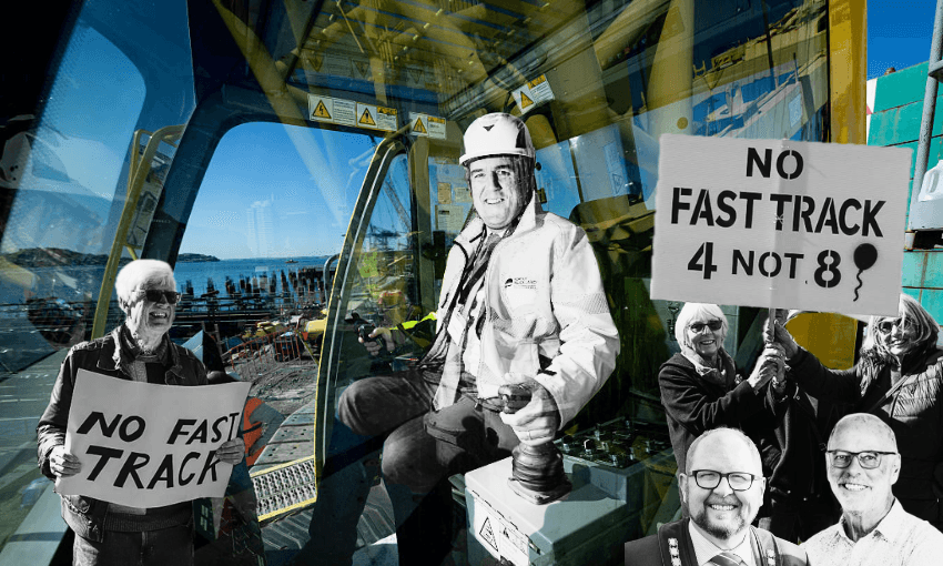 Devonport protesters, infrastructure minister Chris Bishop, Waimakariri mayor Dan Gordon and Auckland mayor Wayne Brown (Photos: Supplied/Getty/NZ Herald, design: The Spinoff) 
