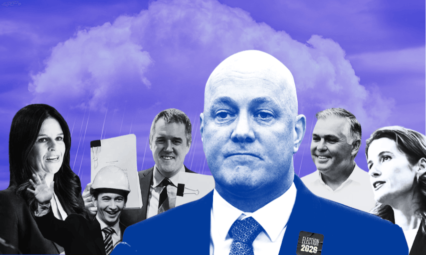 Erica Stanford, Simeon Brown, Chris Bishop, Christopher Luxon, Mark Mitchell and Nicola Willis, all together in one image for some reason. (Design: The Spinoff)
