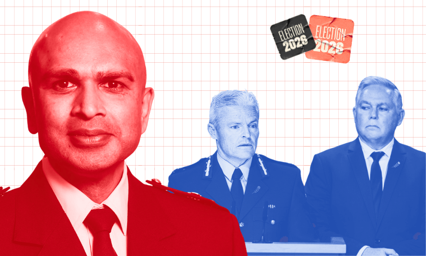Rakesh Naidoo, Richard Chambers and Mark Mitchell (Photo of Chambers and Mitchell: Mark Mitchell/Getty, Design: The Spinoff) 
