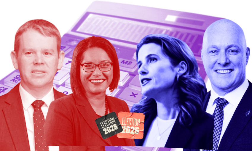 Chris Hipkins, Barbara Edmonds, Nicola Willis, Christopher Luxon and a calculator (Design: The Spinoff)