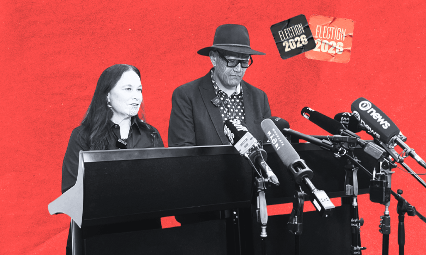 Te Pāti Māori co-leaders Debbie Ngarewa-Packer and Rawiri Waititi (Photo: Lyric Waiwiri-Smith, design: The Spinoff) 
