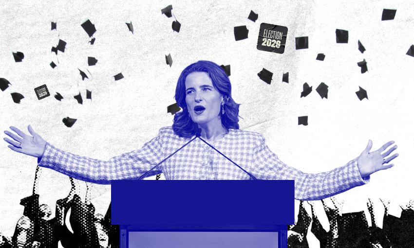 National finance spokesperson Nicola Willis. (Photo: Getty, design: The Spinoff) 
