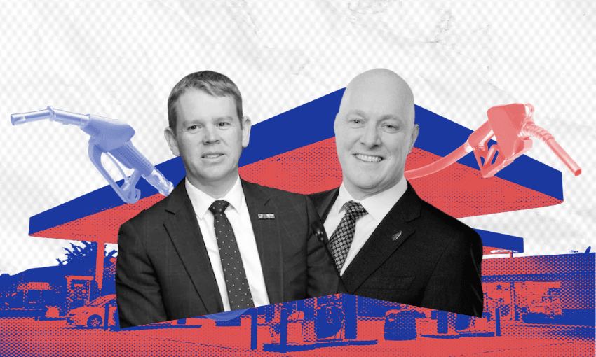 Chris Hipkins, Christopher Luxon and a representation of petrol tax. (Photos: supplied, design: The Spinoff) 
