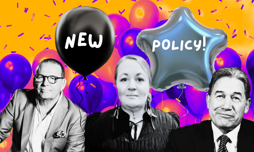 New policy announcers: Act’s Paul Henry, Te Pāti Māori’s Lisa Marie Murch and NZ First’s Winston Peters (Design: The Spinoff)