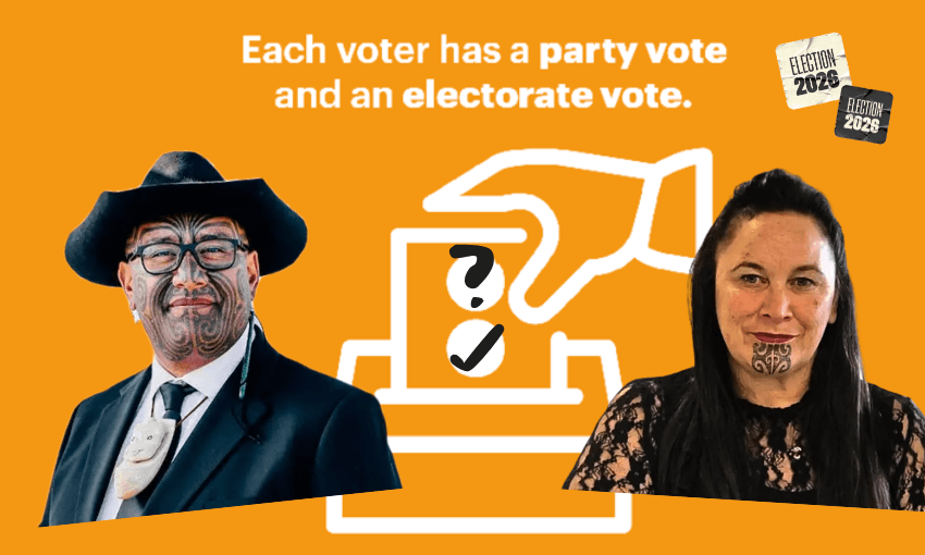Te Pāti Māori co-leaders Rawiri Waititi and Debbie Ngarewa-Packer with an over-simplification of their election strategy. (Photos: Supplied. Design: The Spinoff)