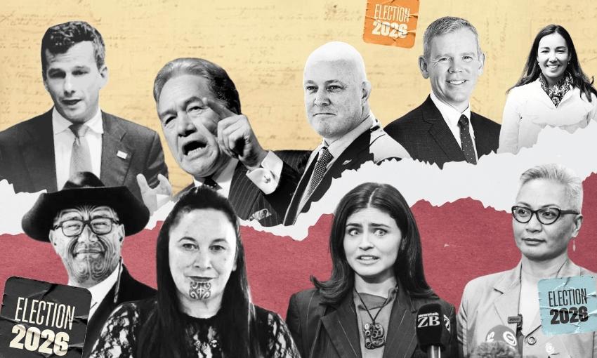 A collage of diverse New Zealand politicians and candidates, male and female, in black and white with colorful “Election 2023” and “Election 2026” labels on a textured yellow and red background.