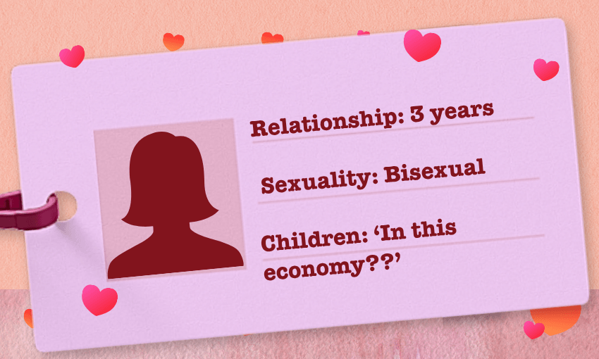 pink Love Actually template with fake ID showing a bisexual woman in a relationship of three years with no children
