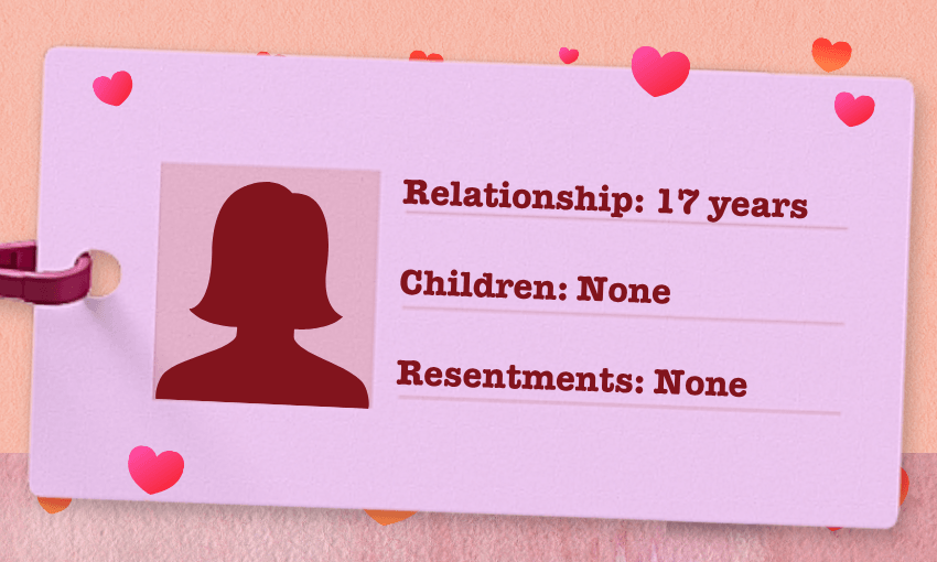 pink fake ID card showing a woman in a relationship for 17 years with no children and no resentments