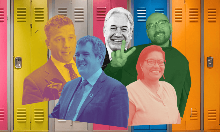 David Seymour, Chris Bishop, Winston Peters, Barbara Edmonds and Lawrence Xu-Nan are just some of the MPs their peers love to name drops. (Images: Getty Images/The Spinoff)