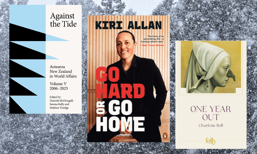 Three book covers descending with a snowy background behind them.
