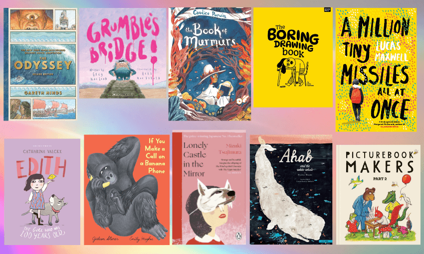 Then book covers in two rows with a rainbow colour scheme at the back.
