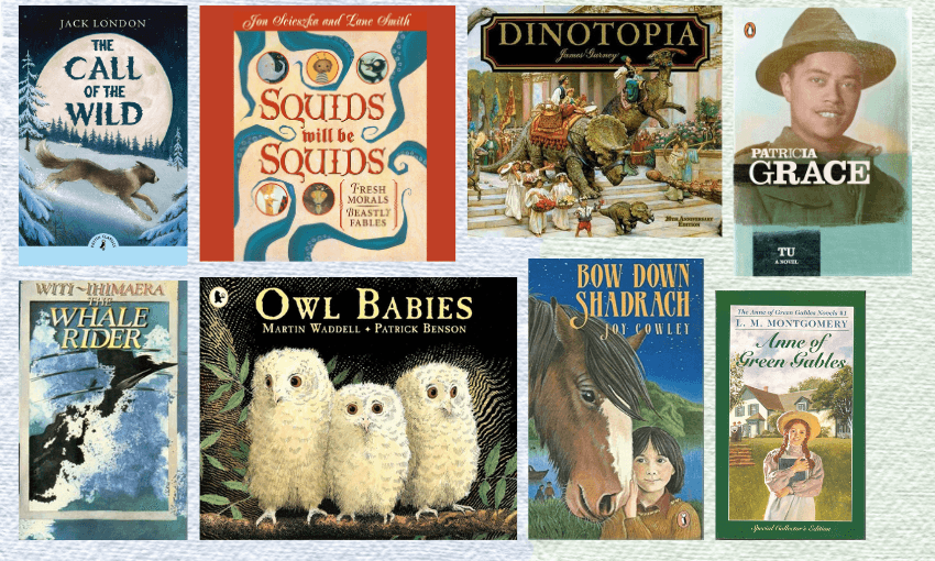 Eight book covers in two rows with textured background behind them.