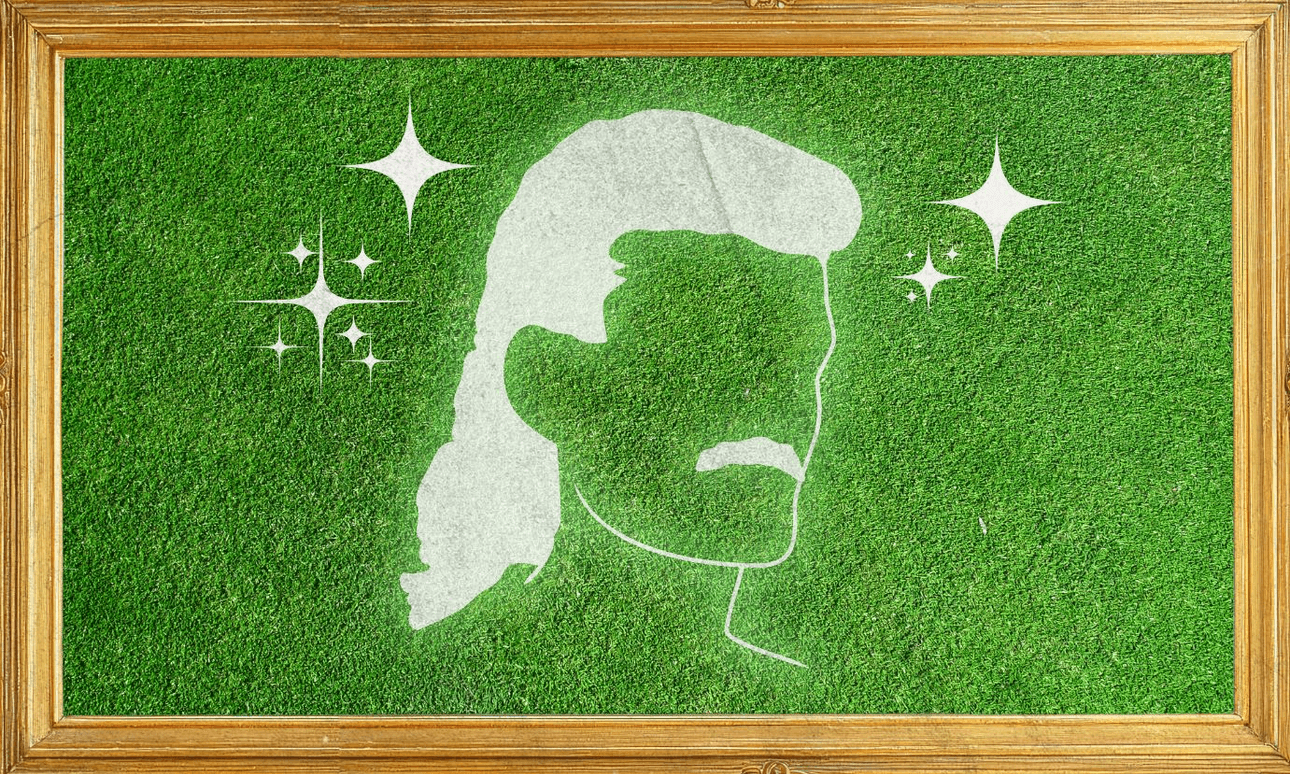 A silhouette of a mullet in white on green grass, framed in gold