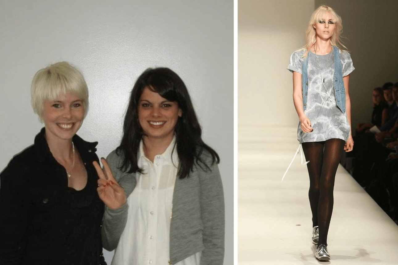 Designers Rachel Easting and Anjali Burnett; a model wears Love-Lies-Bleeding.