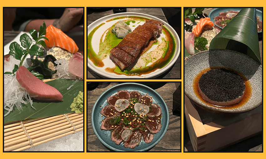 A collage of Japanese dishes: sashimi platter, grilled meat with sauce, beef carpaccio with clams, and a bowl of caviar served in a wooden box with a decorative leaf.