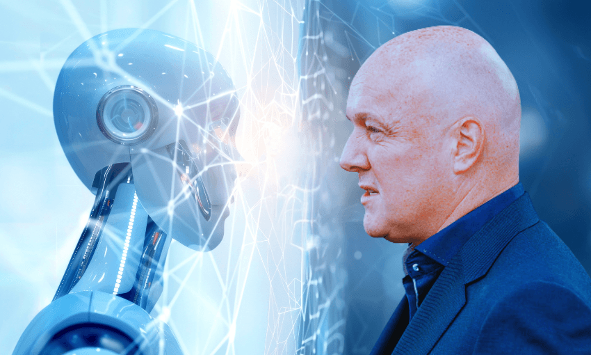 A bald man in a suit faces a silver humanoid robot, separated by a glowing digital interface, symbolizing the interaction between humans and artificial intelligence.