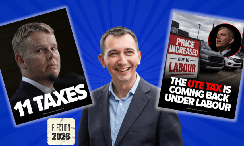 National party campaign chair Simeon Brown, with some of the party’s recent online posts. (Photos: The Spinoff/National)