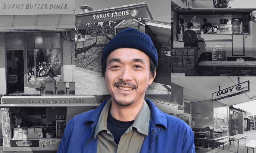 a black and white collage of Avondale shopfronts, on top, a colour portrait of a smiling man with a black moustache wearing a dark beanie and blue collared shirt
