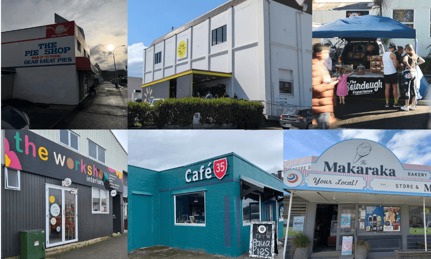 a collage of six colourful shopfronts in Gisborne