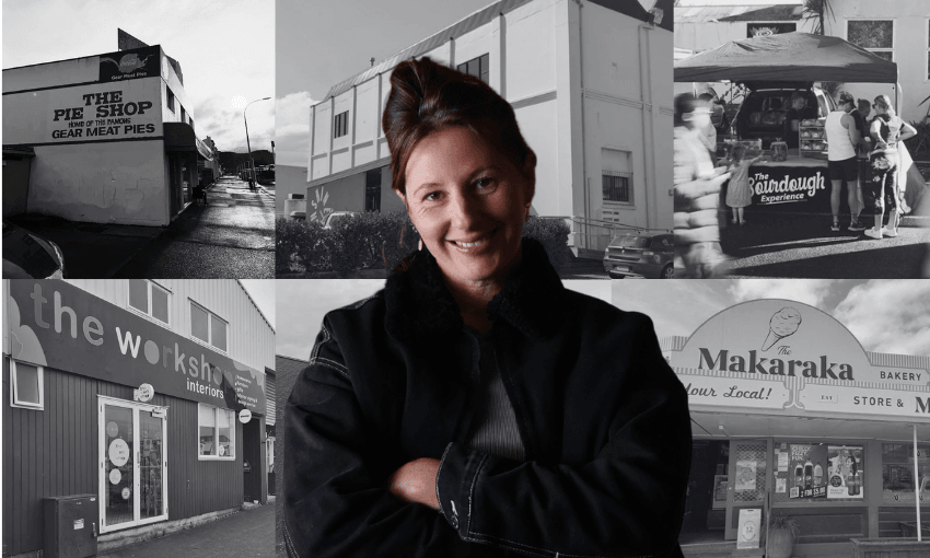 a black and white collage of six storefronts in Gisborne. overlaid, a woman with brown hair in a bun stands arms crossed and smiling at the camera