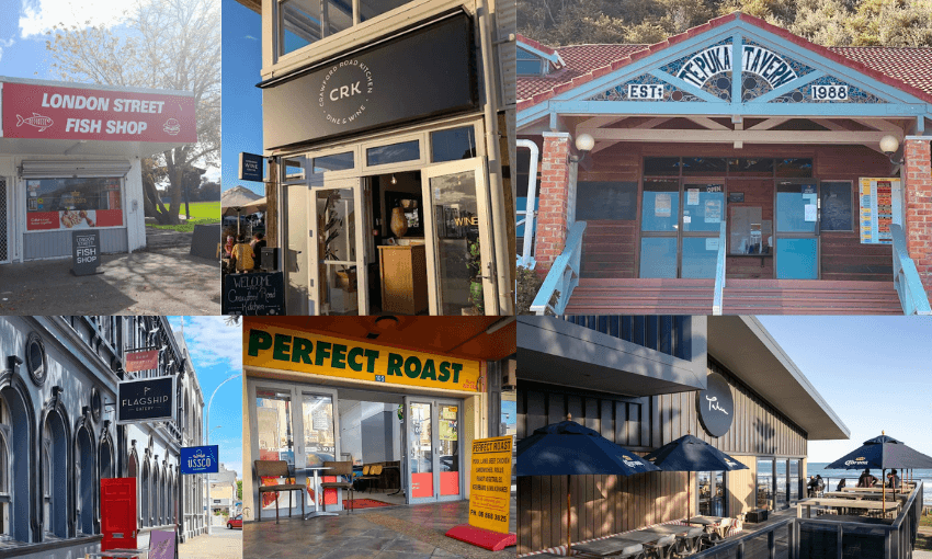 a collage of six colourful shopfronts in Gisborne