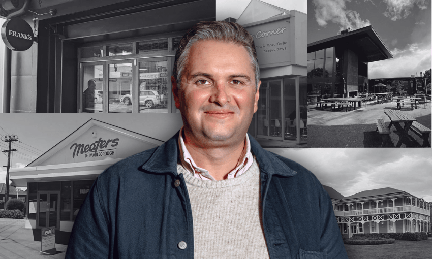 a man in a collared shird, sweater and jacket smiles at the camera. he has short hair and dark eyebrows. in the background, a black and white collage of restaurant frontages
