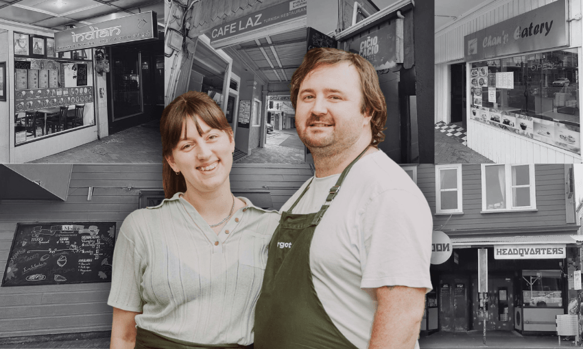 a black and white collage of hospitality shopfronts. overlaid, a man and woman pose together wearing a restaurant attire and aprons. both have brown hair and fair skin
