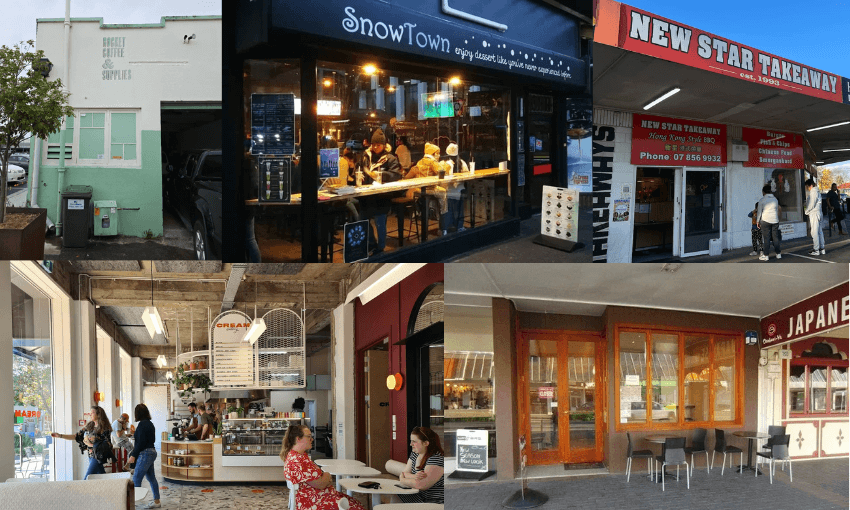 five colourful cafe and bar shopfronts in Hamilton