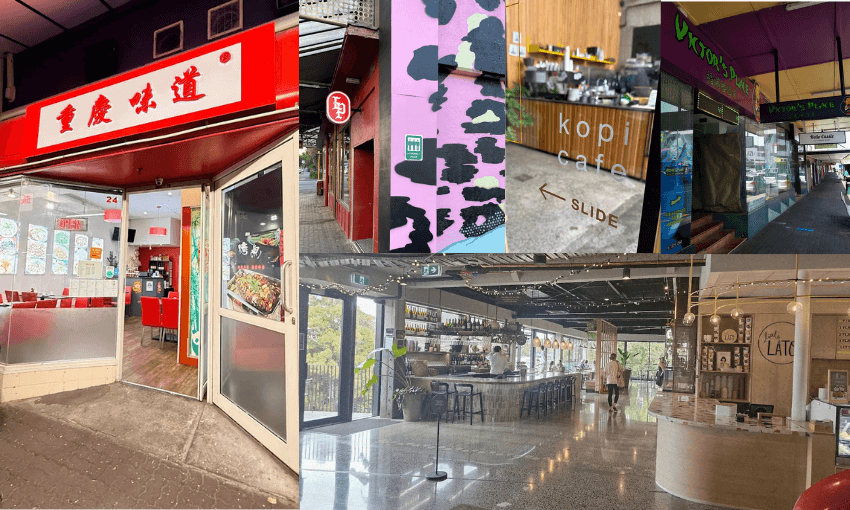 five colourful cafe and bar shopfronts in Hamilton