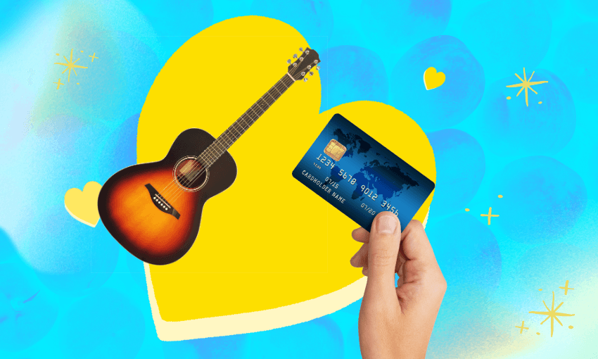 blue dating files template with a yellow heart shape and overlaid a photo of an acoustic guitar and a hand holding out a generic credit card