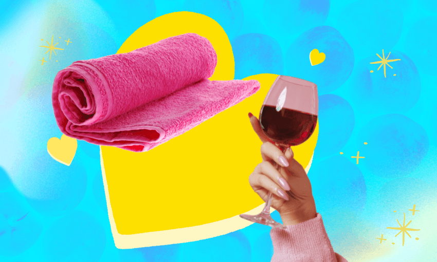 blue dating files background with yellow heart and a picture of a pink beach towel and a woman's hand holding a glass of red wine overlaid