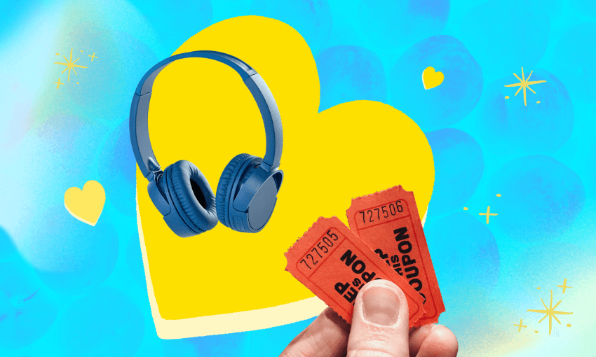 blue background template with yellow heart shape, blue headphones and a hand holding two movie tickets