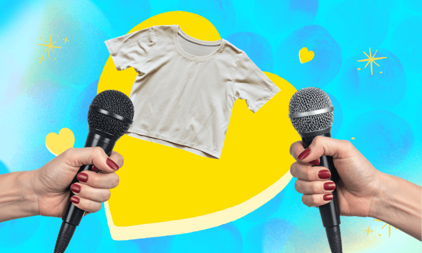 A blue template background with a yellow heart, white crumples t-shirt and two hands wearing nail polish and holding microphones