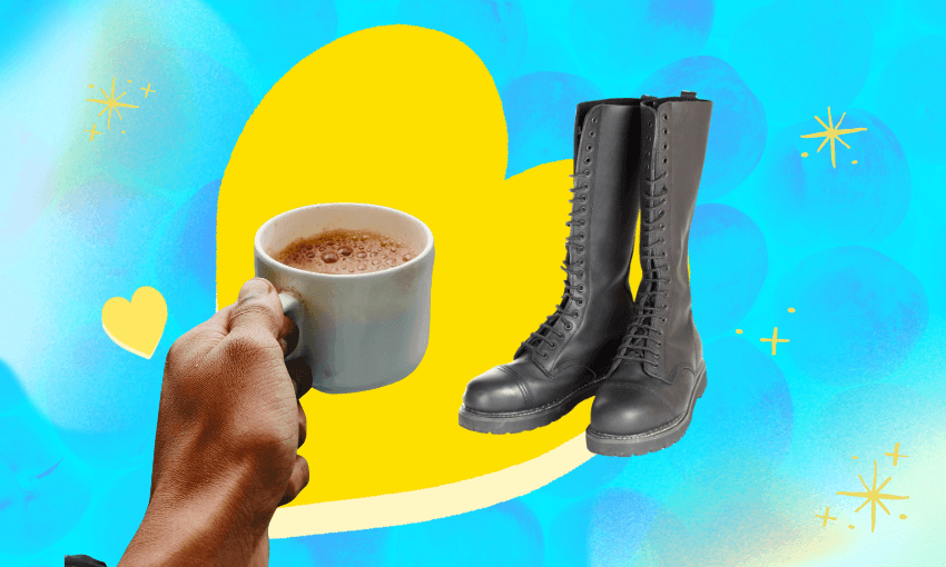blue background with yellow heart shape. overlaid a hand holding a mug with a hot drink inside, and a pair of knee high black leather boots