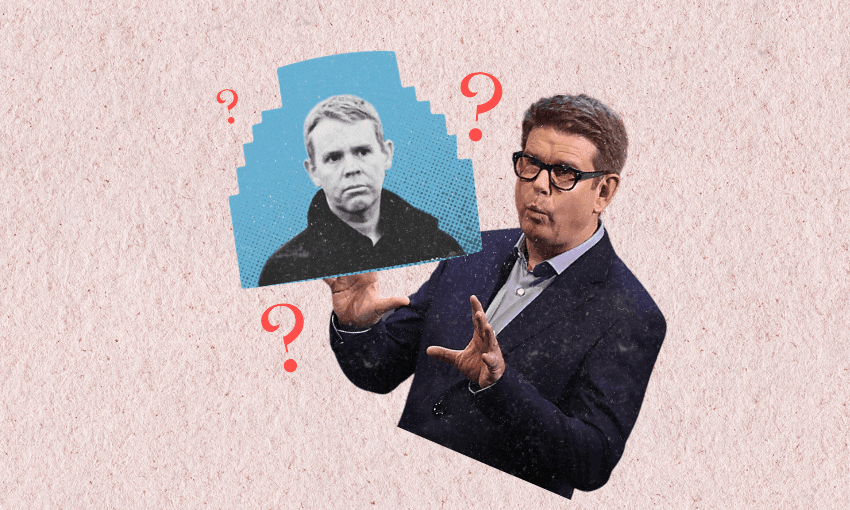 A man in glasses and a suit gestures towards a cut-out photo of another man, surrounded by red question marks, against a textured pink background.
