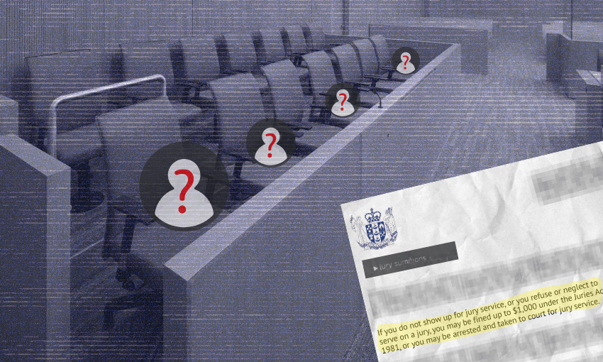 An empty jury box with several seats marked by question marks; a blurred jury summons document is shown in the foreground.