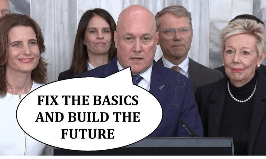 A group of people in formal attire stand together, with a man at a podium saying, “FIX THE BASICS AND BUILD THE FUTURE” in a speech bubble.