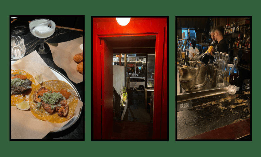 Three images: tacos and a cocktail on a table, a red entryway with stairs leading to a street, and two bartenders preparing drinks behind a bar with bottles and glasses.