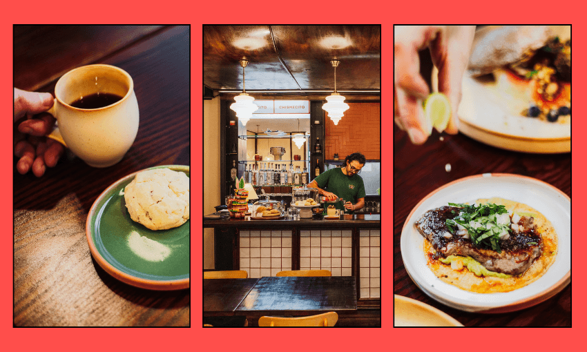 Three photos: a hand holds coffee beside a biscuit, a chef works in a cozy restaurant kitchen, and a close-up of a hand squeezing lime over a grilled steak with sauce, all bordered by a bright red frame.