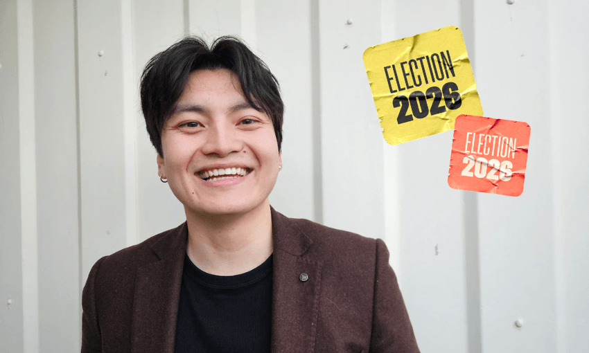 A person smiling in front of a light-colored wall, with two stickers that read “Election 2026” and “Election 2028” floating beside them.