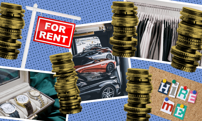 Collage showing coins, luxury watches, sports cars, a “FOR RENT” sign, a “HIRE ME” note, and hanging clothes, all over a blue polka dot background, representing different types of expenses or financial needs.