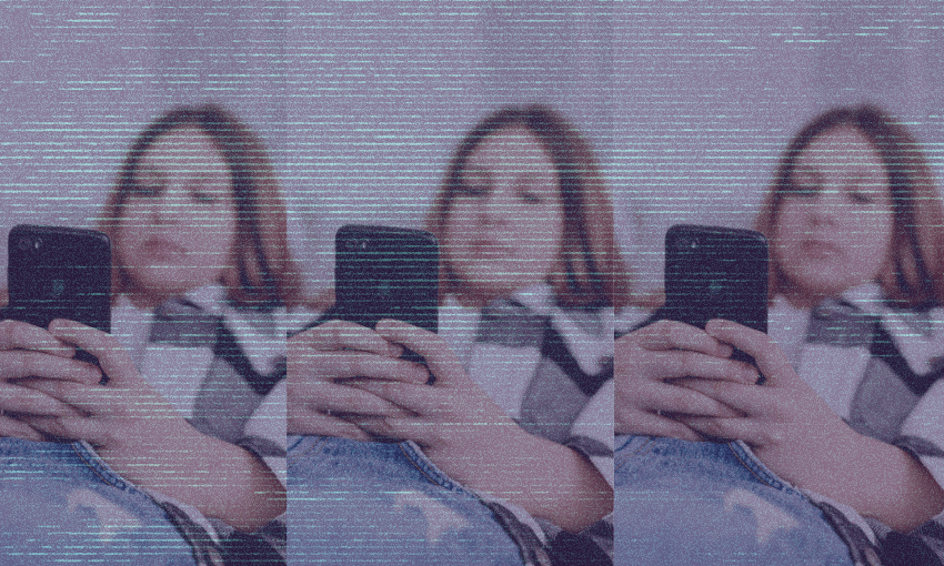 A woman holding a smartphone is seen three times in a distorted, glitchy effect, with horizontal lines and blurred details across the image.