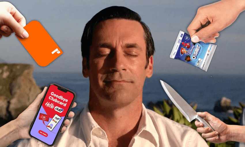 Jon Hamm as Don Draper in Mad Men sits in the sun with the ocean behind him, eyes peacefully shut. Around him, hands appear brandishing supermarket rewards cards and promotional items