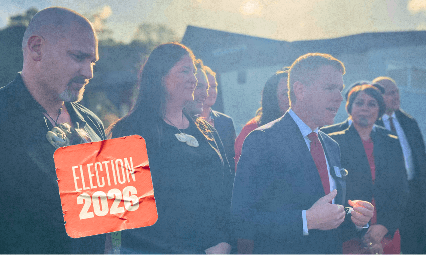 Chris Hipkins with candidates Mananui Ramsden (left), Willow-Jean Prime and Cushla Tangaere-Manuel. (Photo: Lyric Waiwiri-Smith) 
