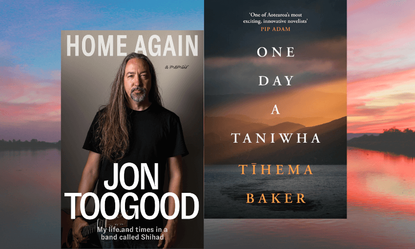 Two book covers with an image of still water at sunset behind them.