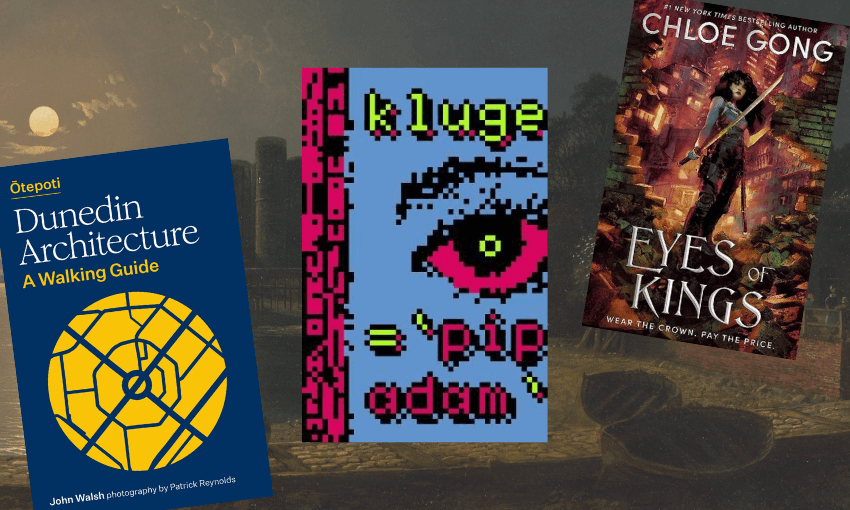 Three book covers arranged over top of a dark city landscape with a full moon.