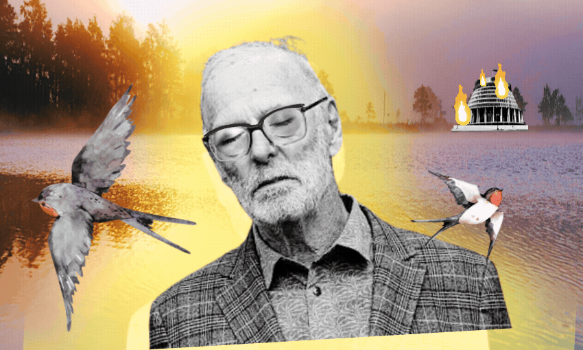 An elderly man with glasses stands before a lake at sunset, flanked by two swallows. In the distance, a domed building is on fire. Trees line the lakeshore under an orange sky.
