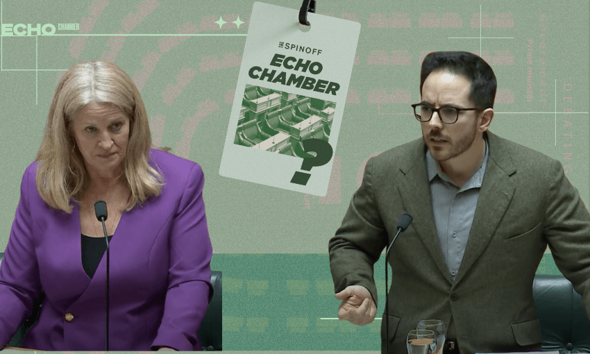 Louise Upston and Ricardo Menéndez March in parliament this week. (Photos: Screengrabs from Parliament TV. Design: The Spinoff)